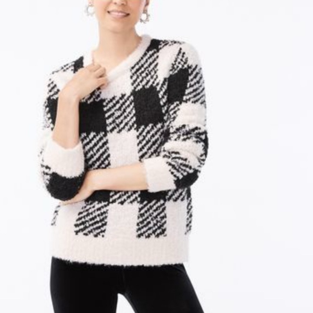 J. Crew Bouclé Black/White Buffalo Check Sweater Size XS